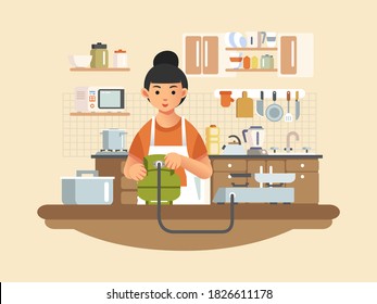 mother installed gas stove in the kitchen, with kitchen appliance and interior in the background vector illustration. used for poster, web image and other