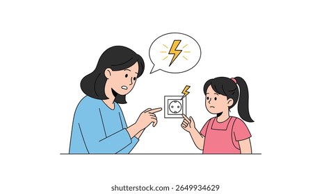 Mother instructs child on electrical safety awareness teaching about danger of touching wall sockets