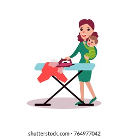 Mother ironing clothes with baby in her arms, super mom concept vector Illustration