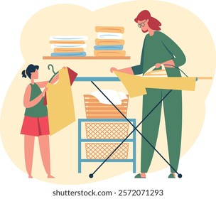 Mother ironing clothes on ironing board and daughter hanging clean clothes on hangers, family helping with housework, household chores concept