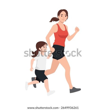 Mother Jogging with Her Daughter. Flat vector illustration isolated on white background