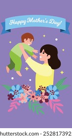 A mother joyfully lifts her child amidst vibrant flowers and stars, celebrating a special bond. This colorful illustration is perfect for Mother's Day themes and motifs.