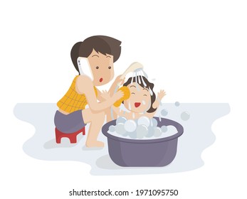 Mother Juggling Work And Kids, Mom On Duty, Raising Child, Taking A Bath For Kids, Flat Design Characters, Busy Mom Taking Care Of Her Child, Routine Activity With Kids