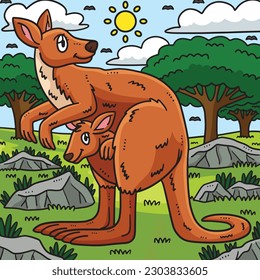 Mother Kangaroo and Baby Kangaroo Colored Cartoon