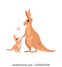 Mother Kangaroo with Its Baby, Cute Animal Family Vector Illustration