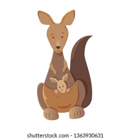 Mother kangaroo cartoon character with joey in the pouch isolated on white background. Cute native Australian animals hand drawn vector illustration