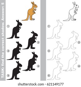 Mother Kangaroo with different shadows to find the correct one, compare and connect object with it true shadow, the educational kid game with simple gaming level.