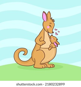 Mother kangaroo with her baby kangaroo . Cute cartoon animals character.  Australian happy animals. Sweet kangaroo with baby cartoon vector.