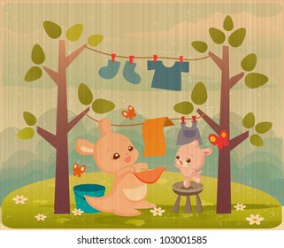 Mother kangaroo with her baby which hang baby clothes on clothes line