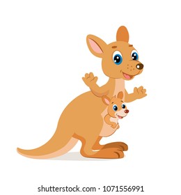 Mother Kangaroo With Her Little Cute Baby Kangaroo. Happy Mam Wallaby Character.  Cartoon Australian Animals Vector.