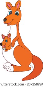 Mother Kangaroo With Her Little Cute Baby Kangaroo. Happy Mam Wallaby Character. Cartoon Australian Animals Vector.