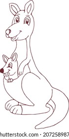 Mother Kangaroo With Her Little Cute Baby Kangaroo. Happy Mam Wallaby Character. Cartoon Australian Animals Vector.