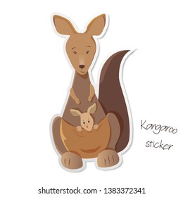 Mother kangaroo with joey in her pouch isolated on white background. Cute native Australian animals hand drawn vector illustration