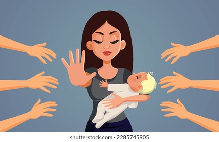 
Mother Keeping People Away from Touching her Newborn Vector Illustration. Mom protecting her baby from strangers and family members 
