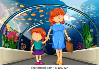 Mother and kid at the aquarium illustration