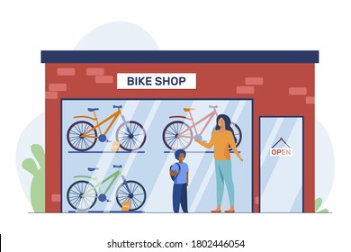 Mother and kid choosing bicycle in bike shop. Store, son, parent flat vector illustration. Transportation and active lifestyle concept for banner, website design or landing web page