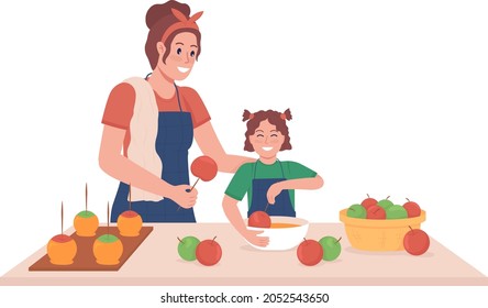 Mother with kid cook semi flat color vector characters. Posing figures. Full body people on white. Making candy apples isolated modern cartoon style illustration for graphic design and animation