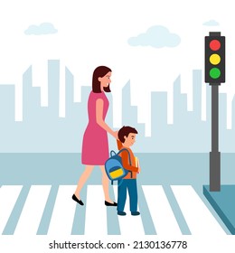 Mother with kid crossing the road at crosswalk with traffic light vector illustration. Mom and son walking together in city road in flat design.