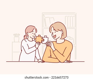 mother and kid daughter doing playing puzzle toy together on the table in children room. Hand drawn style vector design illustrations.