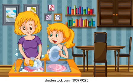 Mother And Kid Doing Dishes Together Illustration