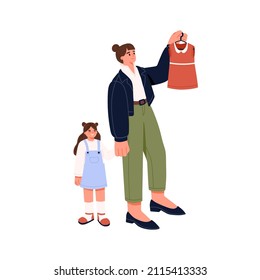 Mother and kid doing shopping. Mom and child choosing and buying dress, fashion clothes. Happy parent and girl daughter customers, buyers. Flat vector illustration isolated on white background