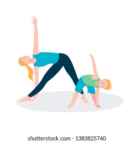 Mother and kid doing sport exercises. Family sports activity.