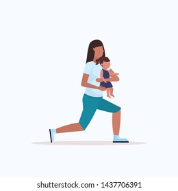 mother with kid doing squats physical exercises african american sportswoman engaged in fitness or yoga with baby daughter healthy lifestyle concept flat full length