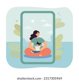 Mother and kid doing yoga online vector illustration. Woman holding excited daughter, meditating on smartphone screen. Mobile app for relaxation, family, comfort concept