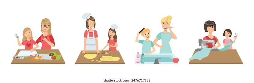 Mother and Kid Engaged in Daily Activity Vector Set