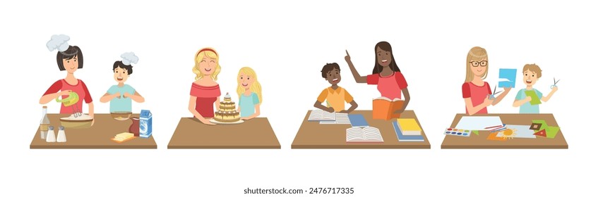 Mother and Kid Engaged in Daily Activity Vector Set