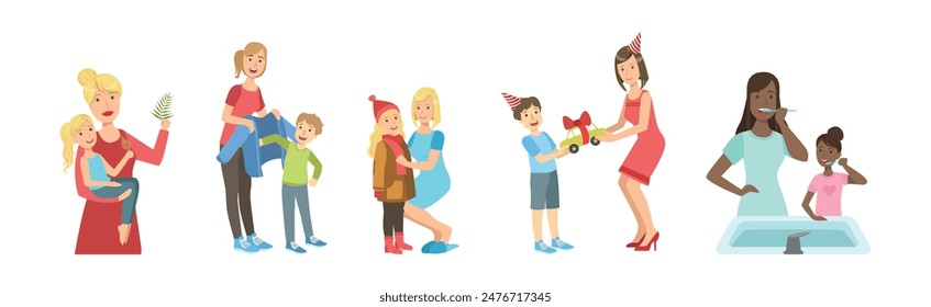 Mother and Kid Engaged in Daily Activity Vector Set