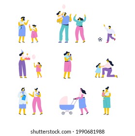 Mother with kid, family, parents flat vector collection
