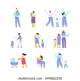 Mother with kid, family, parents flat vector collection