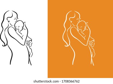 mother with kid line drawing vector