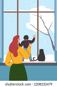 Mother and kid looking out of window on winter season street covered with snow. Blizzard and weather condition outside. Woman with son and pet, black cat sitting on sill. Vector in flat style