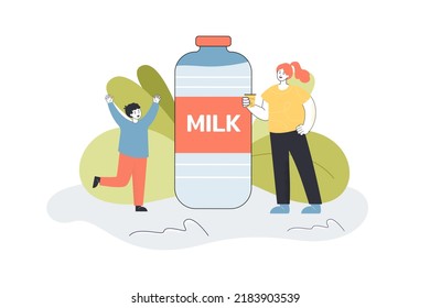 Mother And Kid Near Huge Bottle Of Milk Flat Vector Illustration. Mom Giving Glass Of Cow Milk To Son. Nutrition, Dairy Concept For Banner, Website Design Or Landing Web Page