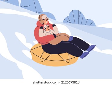 Mother and kid on snow tubing sliding down hill slope on winter holidays. Parent and child riding downhill. Happy carefree family during wintertime activity, fun. Flat vector illustration