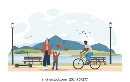 Madre con niño en el parque. Mujer y niño con globo de aire cerca del hombre en bicicleta. Familia pasando tiempo juntos al aire libre. Ocio y tiempo libre. Ilustración vectorial plana