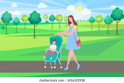 Mother and kid in park, woman walking with pram and baby. Toddler and mom having good time outdoors, fresh air and greenery of nature, trees. Website or webpage template, landing page flat style
