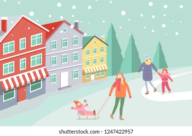 Mother and kid, person with child on sledges winter street with building pine vector. Wintertime activities, cold weather, people wearing warm clothes