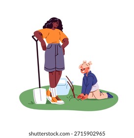 Mother and kid are planting a sapling, tree seedling together. Happy family are landscaping, child helps her mom in garden. People are farming. Flat isolated vector illustration on white background
