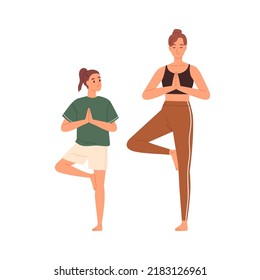 Mother and kid practicing yoga exercises. Mom and child doing asana, standing in Tree Pose together. Parent and daughter during workout. Flat vector illustration isolated on white background