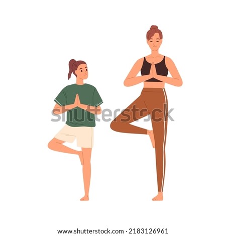 Mother and kid practicing yoga exercises. Mom and child doing asana, standing in Tree Pose together. Parent and daughter during workout. Flat vector illustration isolated on white background