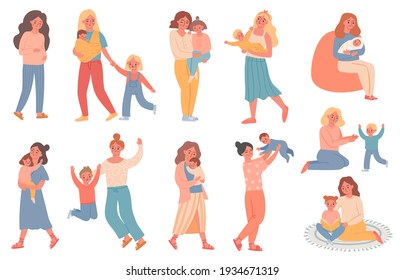 Mother and kid. Pregnant woman, mom play with son, hold baby, hug daughter and read book. Happy mothers day. Single parent family vector set