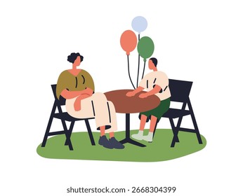 Mãe e filho sentados à mesa ao ar livre. Mãe e filho em cadeiras, férias de verão festivas no parque. Mulher e filho celebrando com balões. Ilustração de vetor plano isolada no plano de fundo branco