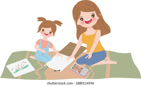Mother and kid stay at home.