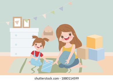 Mother and kid stay at home.