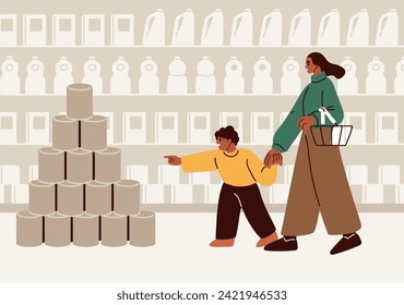 Mother and kid in supermarket. Mom and child, black people shopping in hypermarket. Consumer, buyer in store, choosing products on shelves, boy pointing, asking to buy. Flat vector illustration