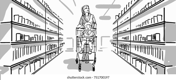 Mother And Kid In The Supermarket. Kid Sitting In The Supermarket Trolley. Family Shopping. Black And White Vector Sketch. Simple Drawing.