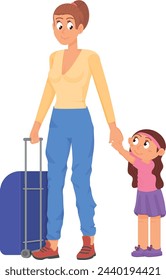 Mother and kid travel together. People with luggage walking